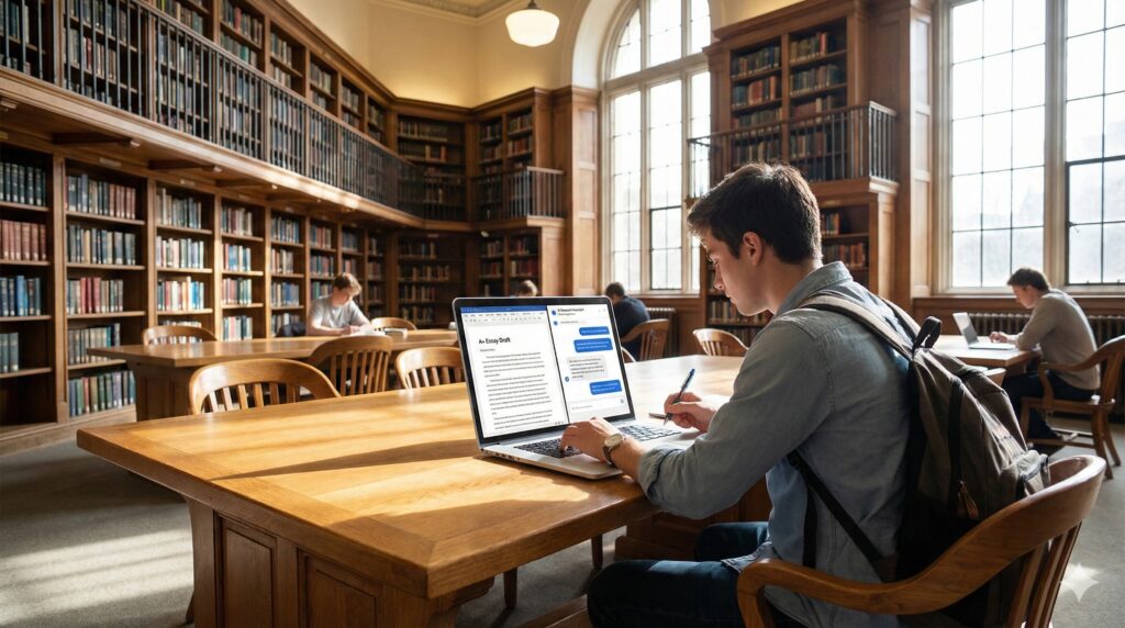 A student using a laptop to Write A+ Essays Ethically in a university library.