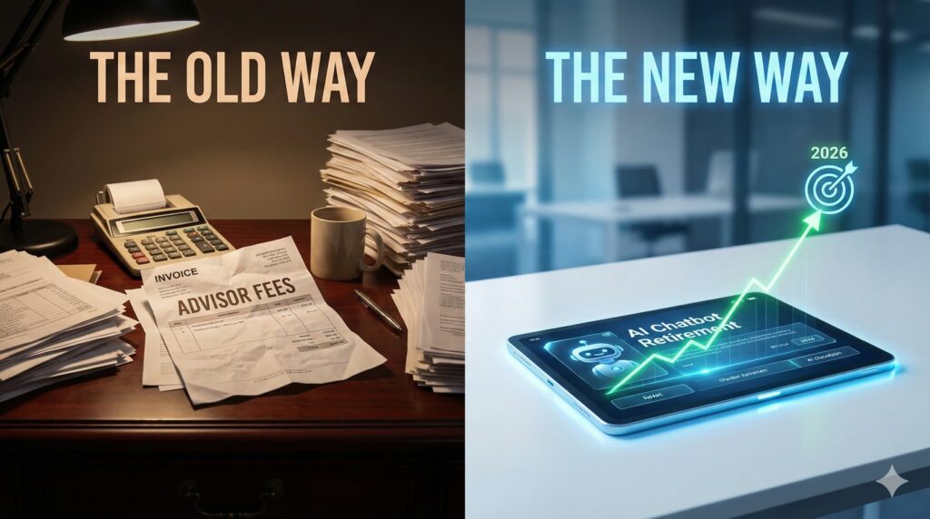 A comparison between a traditional human advisor and a modern AI Chatbot Retirement interface.