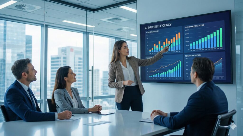 Gemini_Generated_Image_a2p5r9a2p5r9a2p5 A confident professional presenting data using Easy AI Skills in a boardroom.