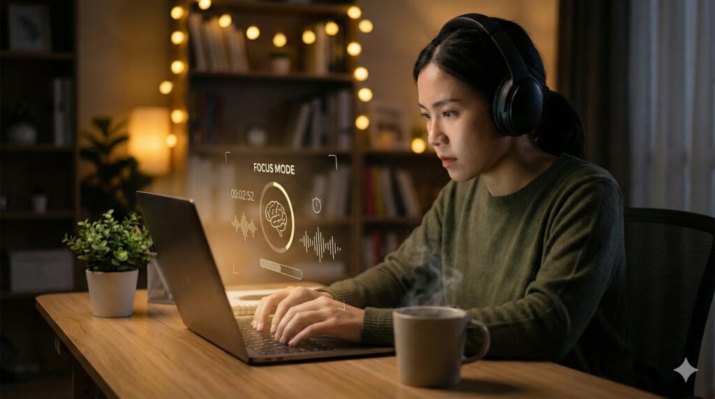 A freelancer working in a deep flow state using AI Tools For Mental Focus.