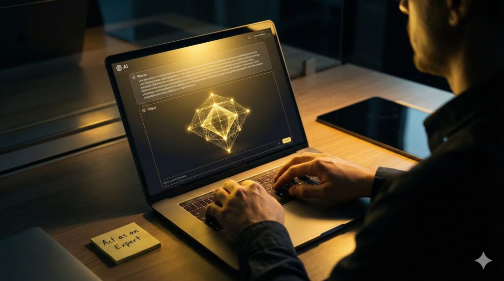 A user unlocking massive Value From AI by typing a complex prompt on a laptop