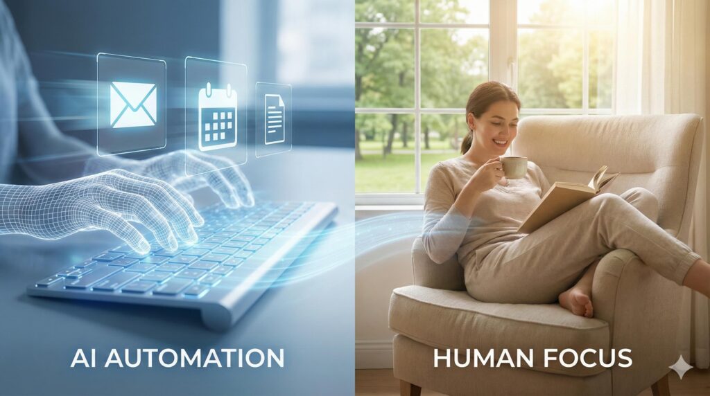 Gemini_Generated_Image_ru85mfru85mfru85 Professional relaxing while efficient software handles their tasks, illustrating how to automate work with AI.